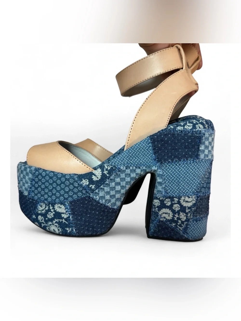 Jeffrey Campbell Myla Patchwork Denim Platform Heels Leather Size 6